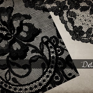 May include: Black lace fabric with a floral pattern. The lace is delicate and intricate, with a fine mesh design. The fabric is perfect for crafting, sewing, or adding a touch of elegance to any project.
