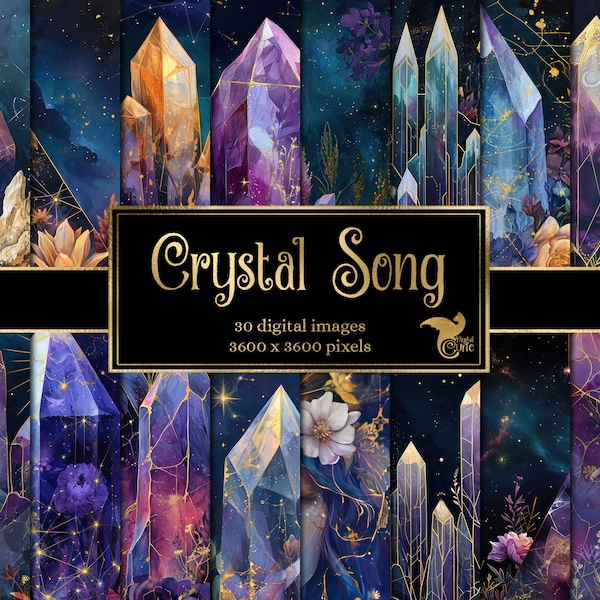 Crystal Song Digital Paper, celestial digital paper fantasy scrapbook pages printable paper instant download