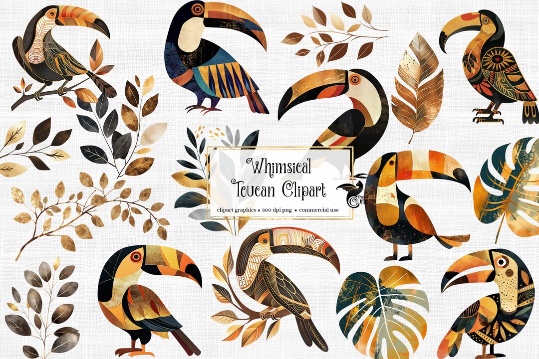 Whimsical Toucan Clipart - Cute Tropical Birds and Leaves in PNG Format ...