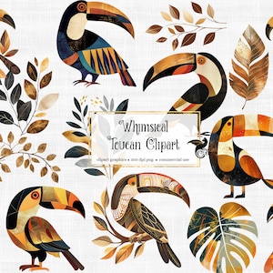 Whimsical Toucan Clipart - cute tropical birds and leaves in PNG format instant download for commercial use