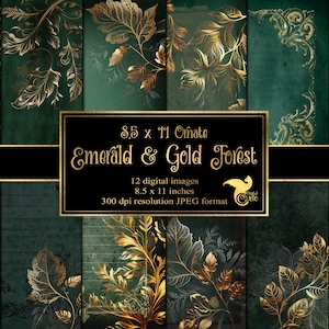 Verziertes Smaragd und Gold Wald Journal Papier, digitales Papier, druckbare Junk Journal Grunge Texturen sofortiger download
