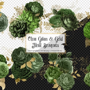 May include: Olive green and gold floral bouquets clipart graphics. 300 dpi png. Commercial use.