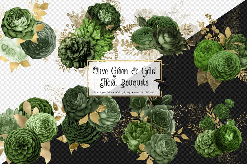 May include: Olive green and gold floral bouquets clipart graphics. 300 dpi png. Commercial use.