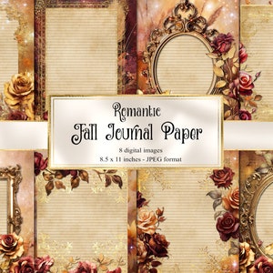 Peut inclure: Huit papiers numériques avec des cadres dorés ornés, du papier ligné et des motifs floraux d'automne dans des tons de rouge, orange et jaune.  Papier de journal romantique d'automne. 8,5 x 11 pouces - format JPEG.