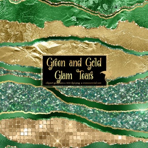 Clipart di lacrime glamour verdi e dorate - bordi strappati di lusso metallizzati glitterati e laminati in formato png per uso commerciale