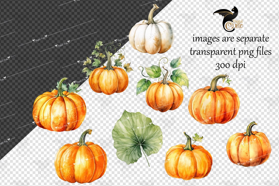 Watercolor Pumpkin Clipart - Autumn Watercolor in PNG Format Instant ...