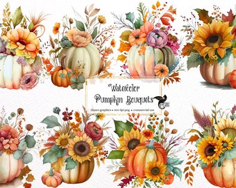 Aquarell Kürbis Blumensträuße Clipart - Herbst Aquarell im PNG Format sofortiger Download für kommerzielle Nutzung
