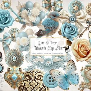 Clipart di tesori blu e avorio, pulsanti png clipart digitale e fiocchi grafica squallida rustica
