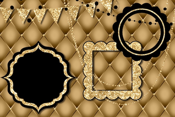 Black and Gold Party Decorations Clip Art With Frames and Banners