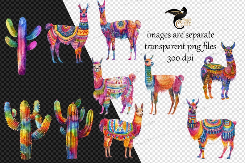Aquarell Lama Clipart - niedliche Lama und Alpaka Clipart mit Kaktus Grafiken zum sofortigen Download kommerziell nutzbar Bild 3