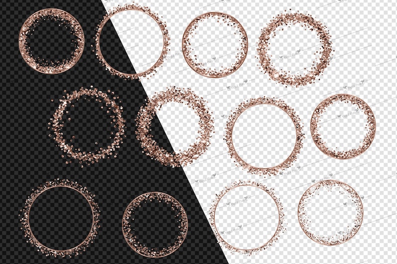 May include: Set of twelve rose gold glitter circle frames. The frames are perfect for adding a touch of sparkle to your designs.