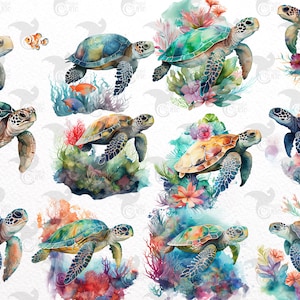 May include: Watercolor illustrations of sea turtles in various poses. The turtles feature a range of colors, including green, blue, and orange, with detailed shell patterns. Some turtles are depicted with coral and floral elements, creating a vibrant underwater scene.