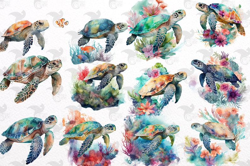May include: Watercolor illustrations of sea turtles in various poses. The turtles feature a range of colors, including green, blue, and orange, with detailed shell patterns. Some turtles are depicted with coral and floral elements, creating a vibrant underwater scene.