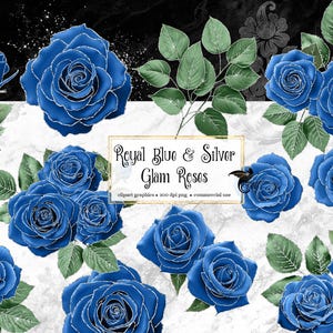 Royal Blue and Silver Glam Rose Clip Art, digital instant download glitter flower png embellishments, blue rose, gold glitter roses