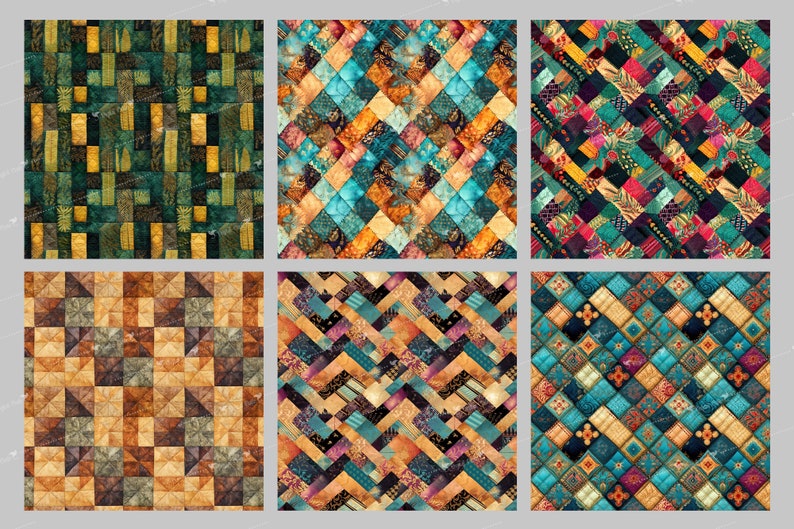 May include: Six different patterns of colorful patchwork fabric with geometric designs. The patterns include squares, diamonds, and triangles in shades of blue, green, yellow, orange, red, and brown.