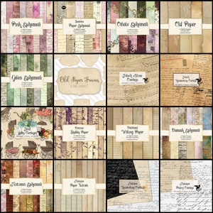 May include: A digital collage sheet with 36 different vintage paper textures and ephemera designs. The designs include floral patterns, old handwriting, music notes, and more. The sheet is perfect for scrapbooking, card making, and other paper crafts.