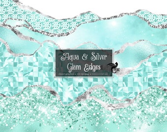 Aqua and Silver Glam Edges Clipart - seamless cyan glitter and foil metallic luxury borders in png format for commercial use