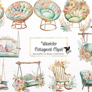 Watercolor Cottagecore Chairs Clipart - floral antique png watercolor PNG format instant download for commercial use