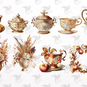 May include: A set of vintage-style teacups, saucers, and a teapot with intricate gold designs. The set includes a creamer and sugar bowl, as well as a pitcher. The items are arranged on a white background with fall-themed floral arrangements and apples.