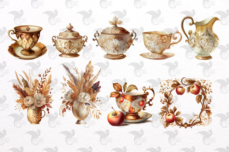 May include: A set of vintage-style teacups, saucers, and a teapot with intricate gold designs. The set includes a creamer and sugar bowl, as well as a pitcher. The items are arranged on a white background with fall-themed floral arrangements and apples.