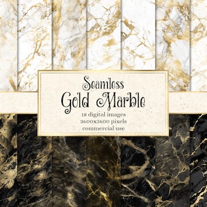 May include: Digital images featuring seamless gold marble textures in black, white, and gold. The images are 3600x3600 pixels and are for commercial use. The text on the image reads "Seamless Gold Marble".