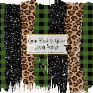 Green Plaid and Leopard Brush Strokes Clipart, in digital PNG format leopard instant download for sublimation and commercial use