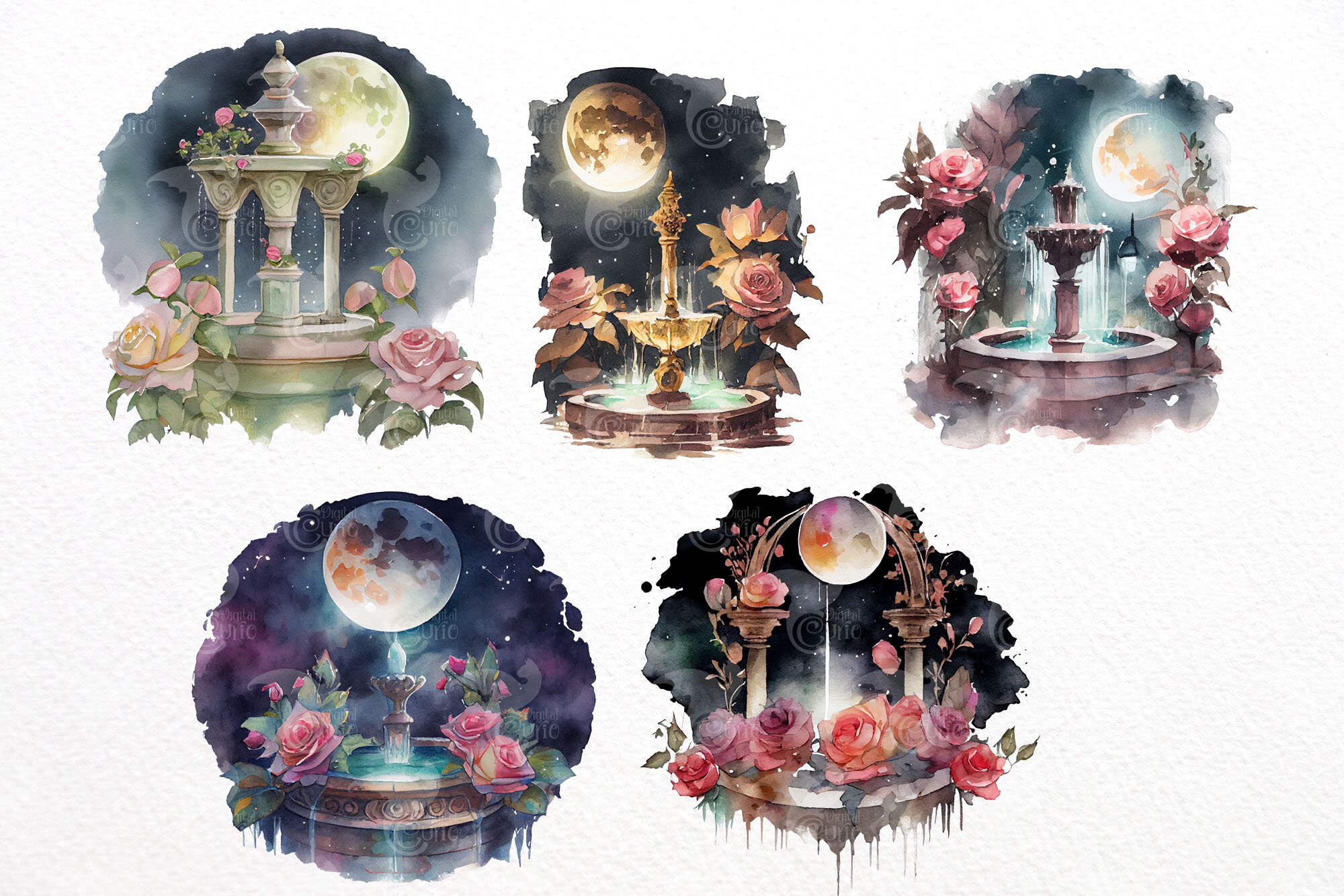 Watercolor Night Fountains Clipart - Park Fountain PNG Format Instant ...