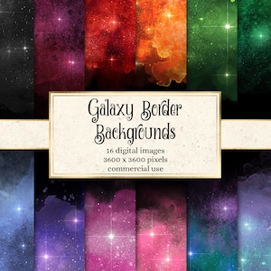 Galaxy Borders digitaal papier, aquarel galaxy star achtergronden, aquarel texturen, gouden ster scrapbook papier direct downloaden