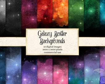 Galaxy Borders digital paper, watercolor galaxy star backgrounds, watercolor textures, gold star scrapbook paper instant download