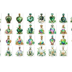 May include: A collection of 36 watercolor illustrations of green glass bottles with gold accents and shamrock designs. The bottles are surrounded by shamrocks, gold coins, and flowers.