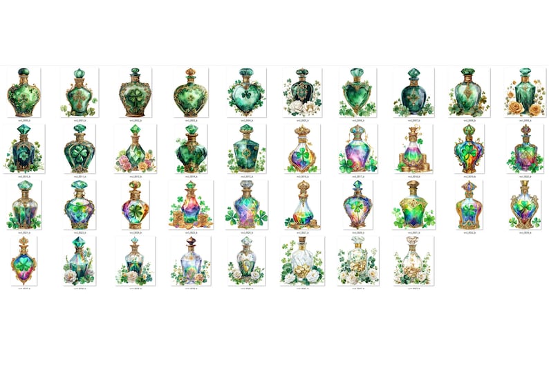 May include: A collection of 36 watercolor illustrations of green glass bottles with gold accents and shamrock designs. The bottles are surrounded by shamrocks, gold coins, and flowers.