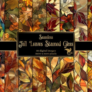 May include: A set of 30 digital seamless patterns featuring stained glass style fall leaves in shades of red, orange, yellow, brown, and green. Each pattern is 3600 x 3600 pixels.