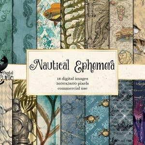Nautical Ephemera Digital Paper, antique vintage nautical and ocean antique textures with sea creatures instant download for commercial use