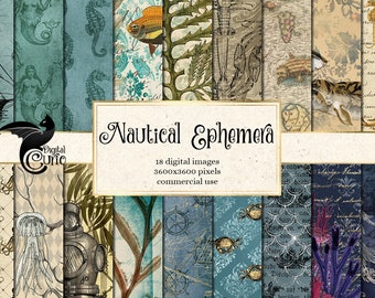 Vintage Nautical Ephemera, Ocean Textures Digital Paper (12x12, 300 dpi)