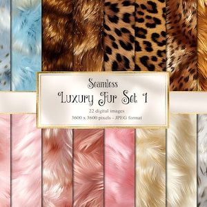 May include: A set of 22 seamless digital fur textures in various colors and patterns, including leopard print, brown, pink, blue, and white. The textures are 3600 x 3600 pixels and in JPEG format.