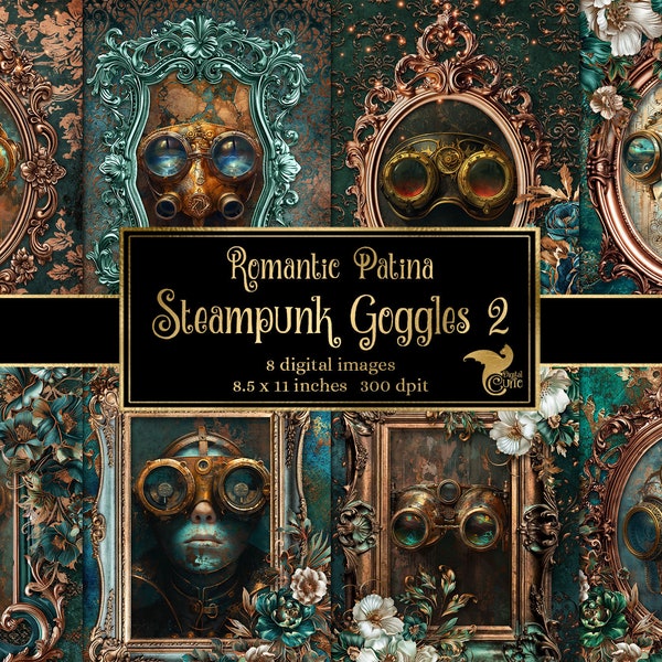 Romantic Patina Steampunk Goggles Journal Paper, Set 2 - notebook digital paper junk journal pages printable 8.5x11 paper instant download