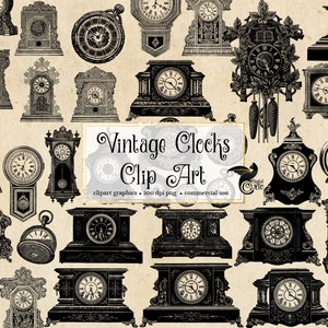 May include: A collection of 30 vintage clock clip art images in black and white. The clocks are in various styles, including grandfather clocks, mantle clocks, and pocket watches. The images are perfect for scrapbooking, card making, and other craft projects.