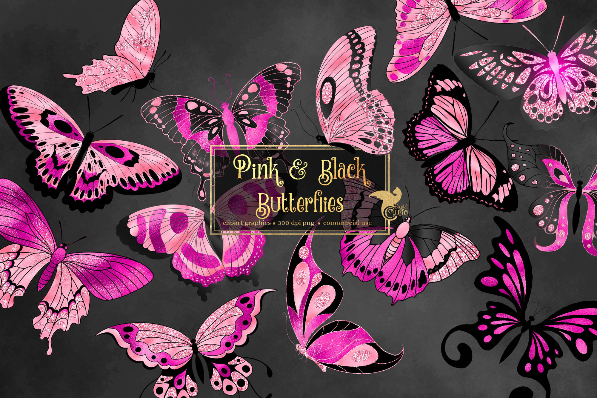 Pink and Black Butterflies Clipart Pastel Butterfly Instant Etsy