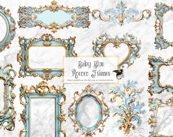 Baby Blue Rococo Frames Clipart - antique baroque vintage clip art graphics for altered art or junk journals instant download commercial use