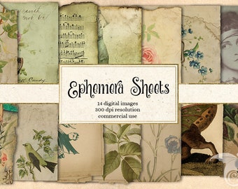 Antique Illustration Ephemera, Digital Paper Textures (Digital Download)