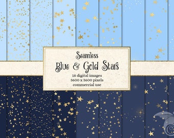 Blue and Gold Stars Digital Paper, seamless gold star patterns, gold and blue stars, baby showers, tileable intant download commercial use