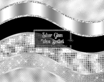 Silver Glam Wave Borders Clipart - glitter senza cuciture e bordi di lusso metallici laminati in formato png per uso commerciale
