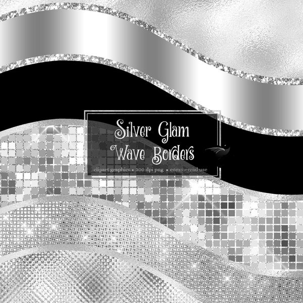 Silver Glam Wave Borders Clipart - seamless glitter and foil metallic luxury borders in png format for commercial use