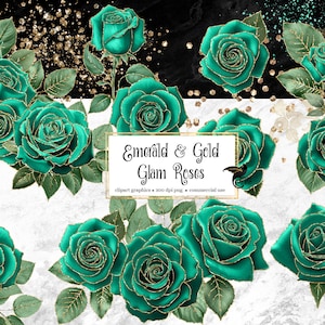 Smaragd und Gold Glam Rose Clip Art, digitaler sofortiger Download Glitzer Blume png Verzierungen, grüne Rose, gold Glitzer Rosen