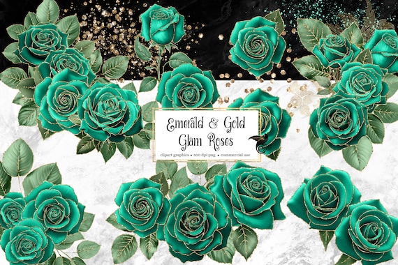Clip Art Glam Rose color smeraldo e oro, download immediato digitale  abbellimenti png con fiori glitterati, rosa verde, rose glitter dorate -   Italia