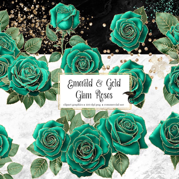 Emerald and Gold Glam Rose Clip Art, digital instant download glitter flower png embellishments, green rose, gold glitter roses