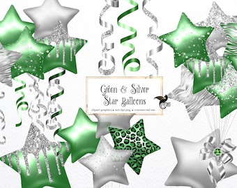 Green and Silver Star Balloons Clipart, glitter balloon png digital overlays with confetti for birthdays instant download commercial use