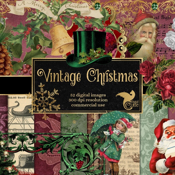 Vintage Christmas Digital Scrapbooking Kit, rustic clipart, digital paper, red and green backgrounds, digital overlays, christmas graphics