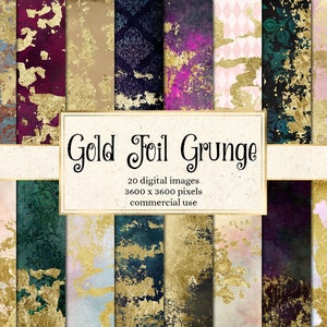 Goldfolie Grunge Texturen, Vintage rustikale schäbige beunruhigte Papierhintergründe druckbare Scrapbookpapier sofortiger Download für kommerzielle Nutzung