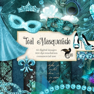 Teal Masquerade digitale Scrapbook Kit, turquoise Mardi Gras clipart en digitale papier maskerade clip art graphics instant download
